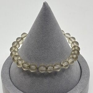 Vintage Niagara Falls Frosted Smoky Glass‎ Bead Bracelet Heart Charm Grey